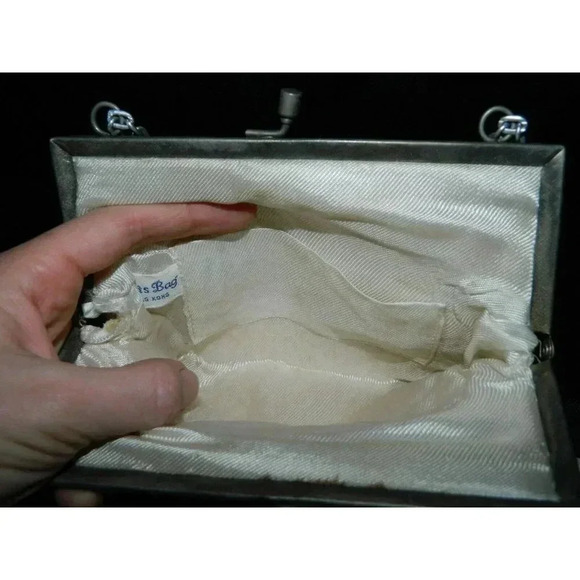 VTG White Clear Silver Glass Bead Geometric Handbag Purse Clutch - Picture 5 of 5